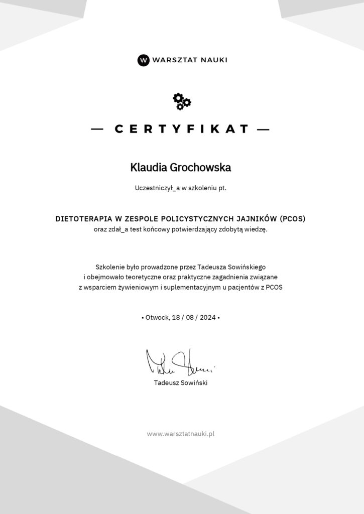 Certyfikat Klaudia Grochowska dietetyk kliniczny PCOS