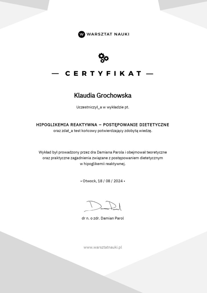 Certyfikat Klaudia Grochowska dietetyk kliniczny hipoglikemia reaktywna 