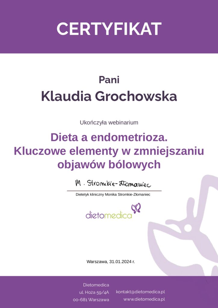 Certyfikat Klaudia Grochowska Endometrioza dietetyk kliniczny